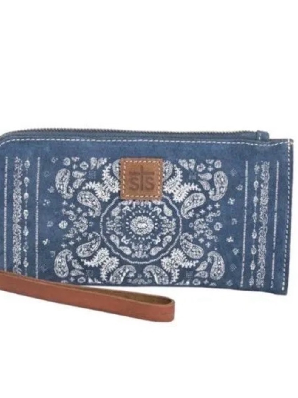 STS Ranchwear Blue Paisley Wristlet Wallet with Brown Strap
